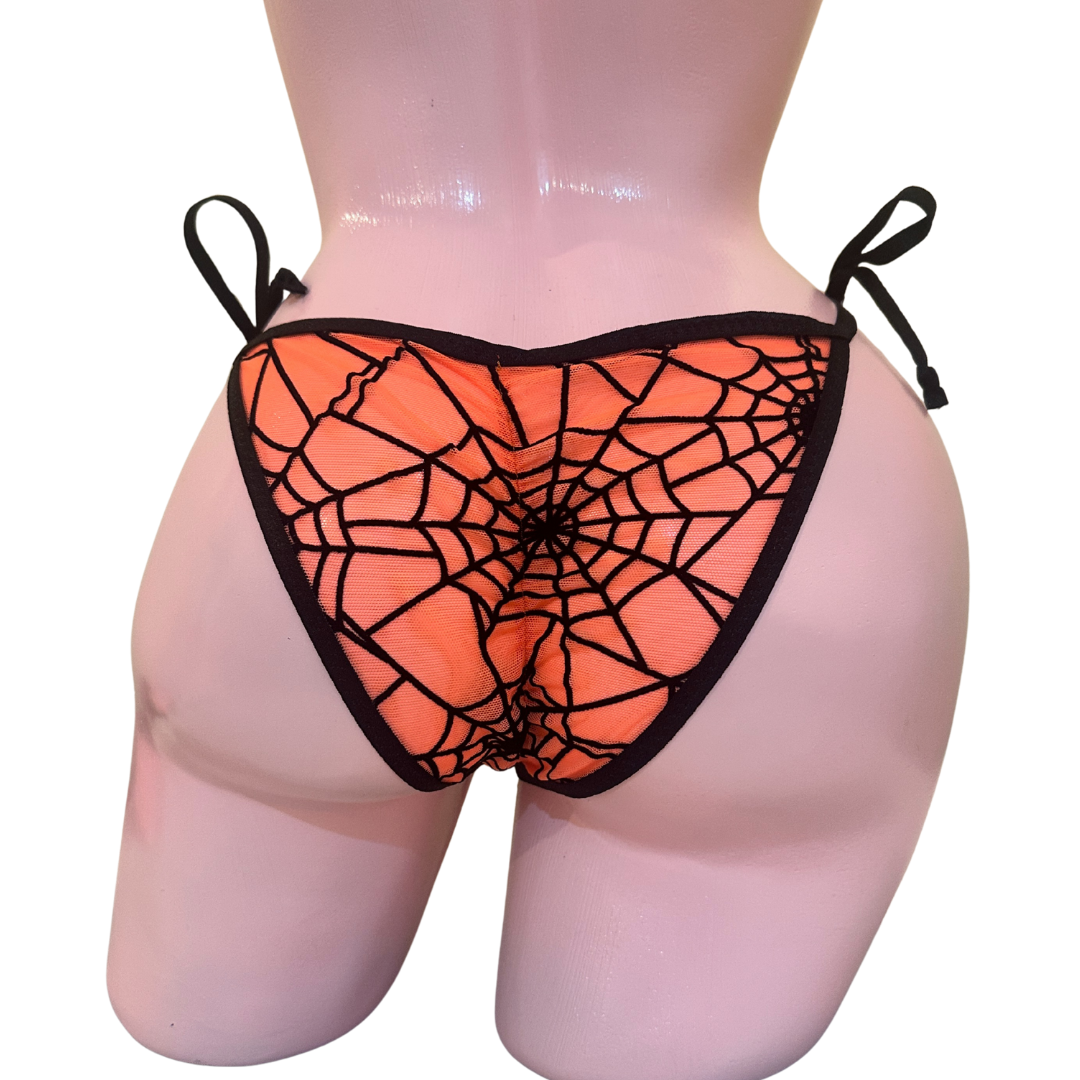 Orange Mesh Black Spider Web - Black - 3 piece scrunch butt set (Thong included)