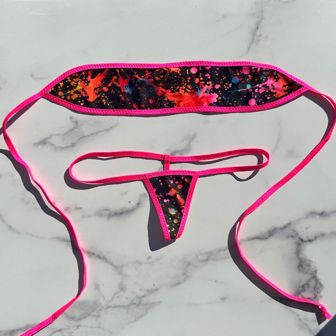 Paint Splatter GLOW IN BLACK LIGHT - Pink - Bandeau with Micro G-string Thong