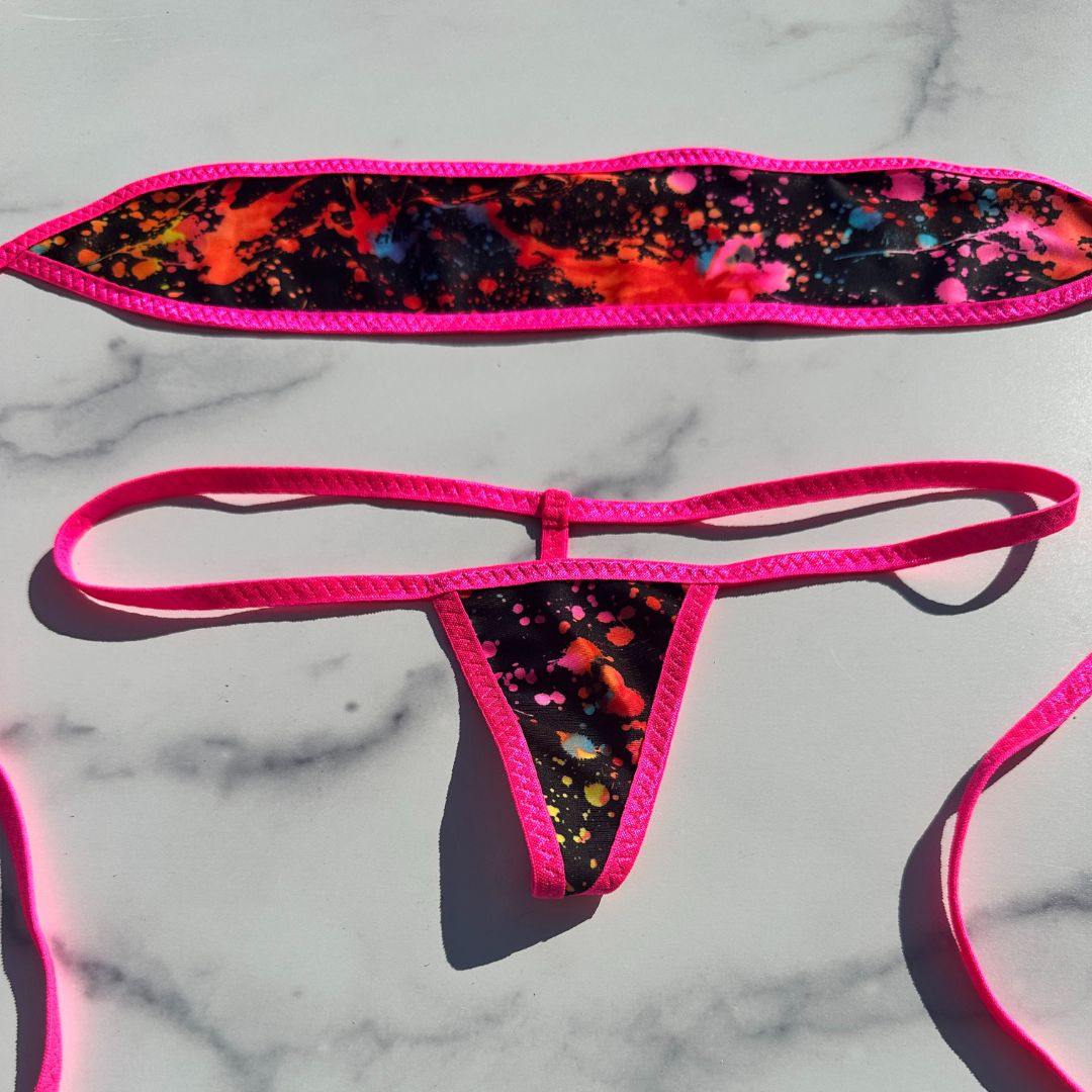 Paint Splatter GLOW IN BLACK LIGHT - Pink - Bandeau with Micro G-string Thong