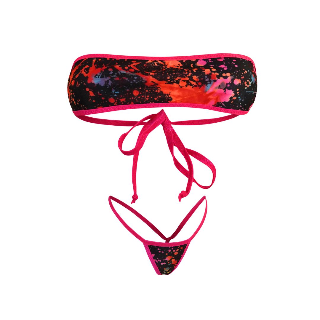 Paint Splatter GLOW IN BLACK LIGHT - Pink - Bandeau with Micro G-string Thong