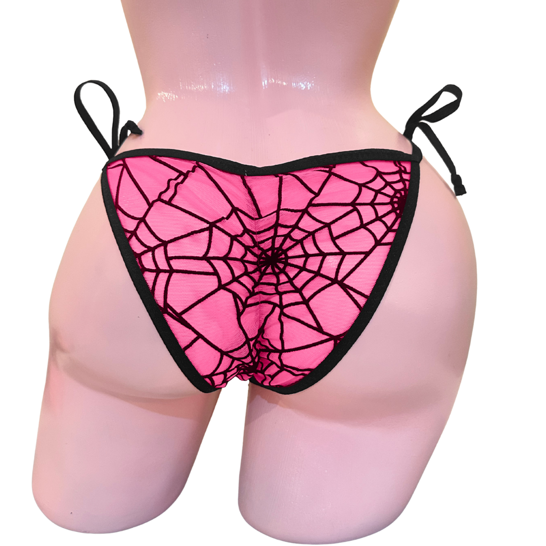 Pink Mesh Black Spider Web - Black - Completely See Through - Scrunch Butt Only