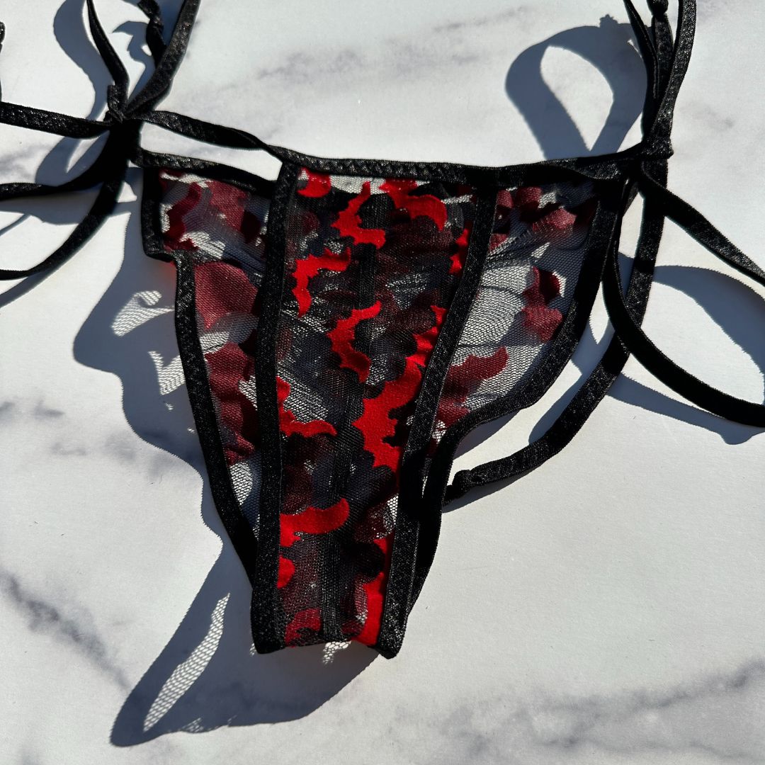 Red Bats Mesh Completely See Through - Black - Scrunch Butt Three Piece (Thong Included)